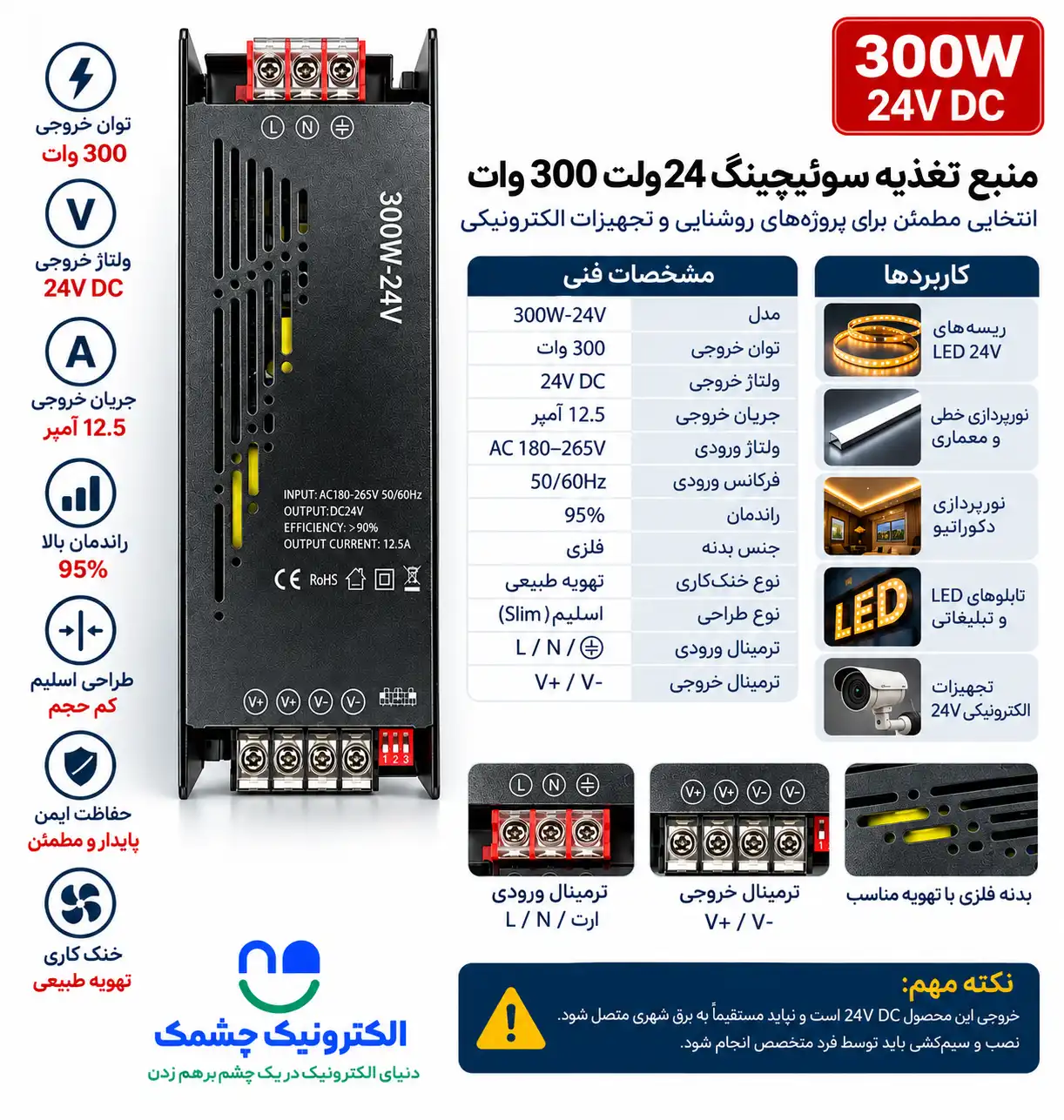 ترانس اسلیم 24 ولت 300 وات 95% راندمان - Image 2